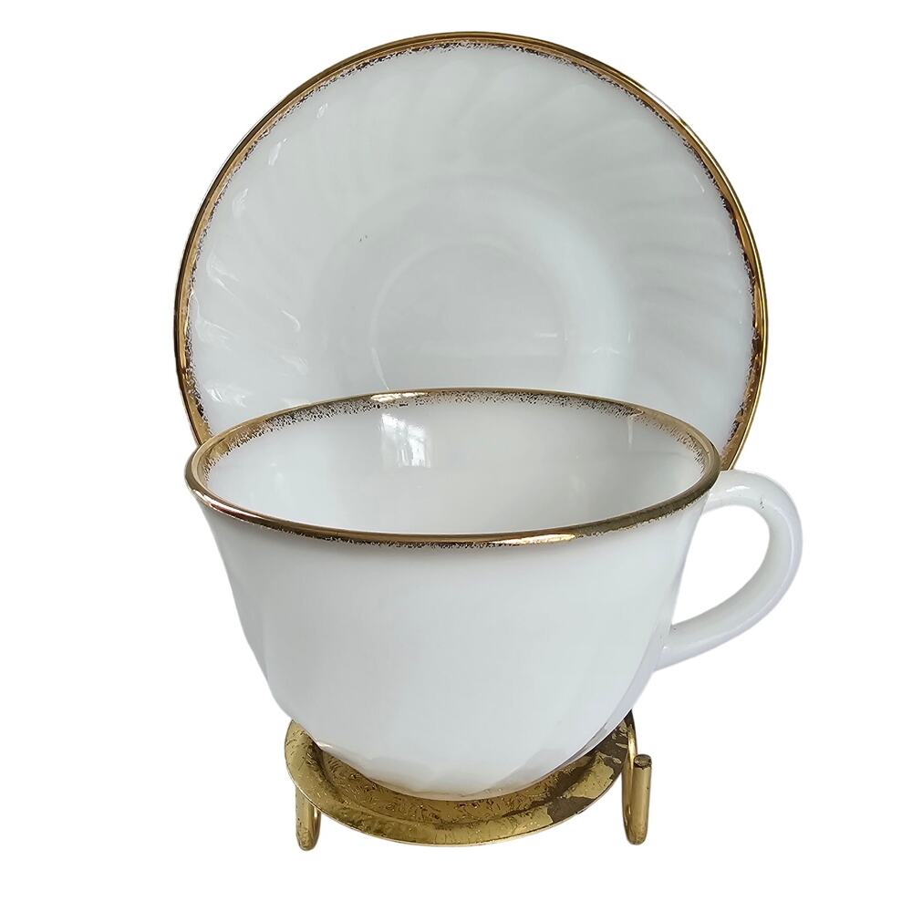 Vintage Fire King Cups Saucers GOLDEN ANNIVERSARY Swirl Gold Rim Set of 4 1950s